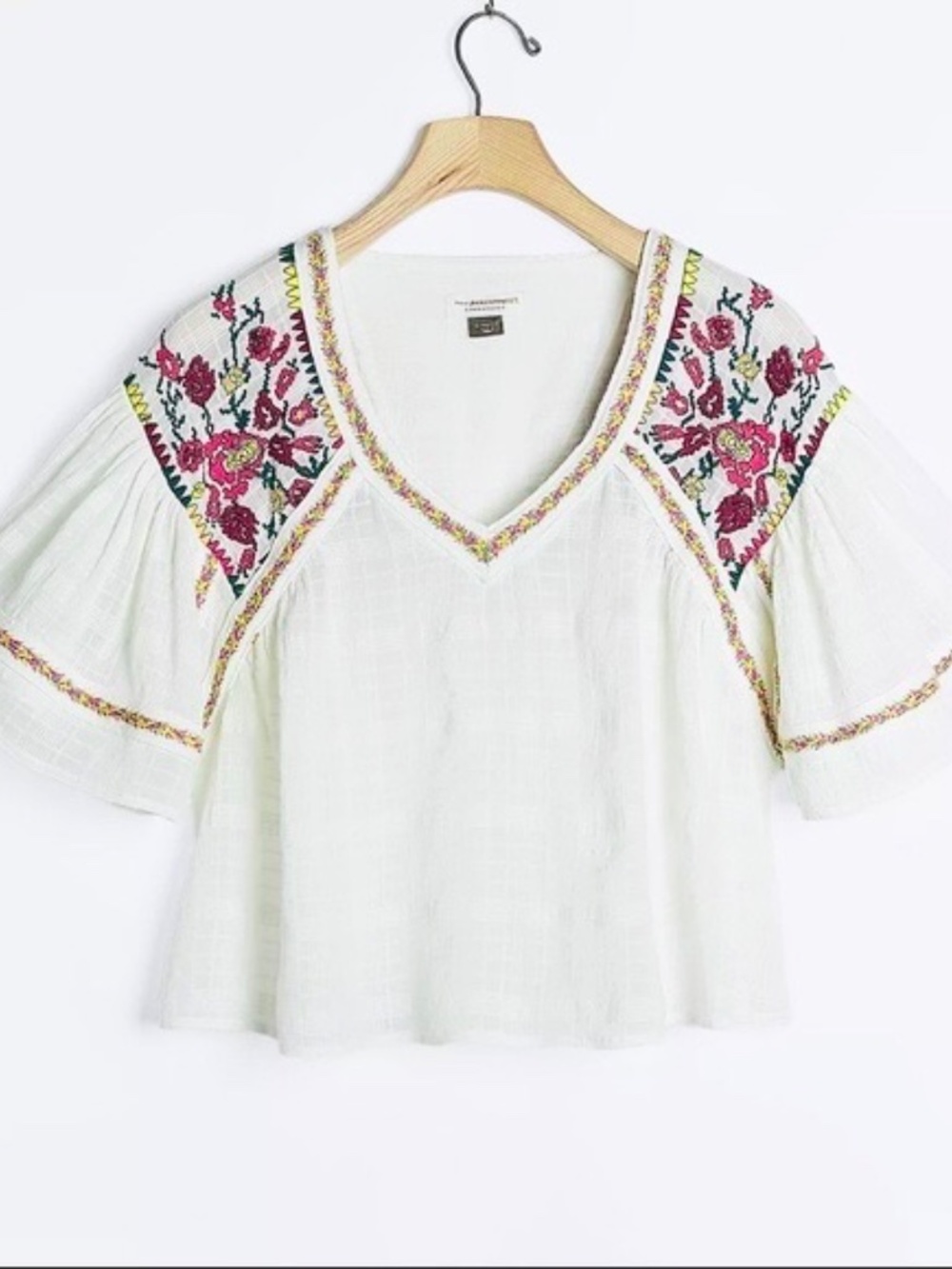Anthropologie Pilcro Tawny V-Neck White Embroidered Short Sleeve Top